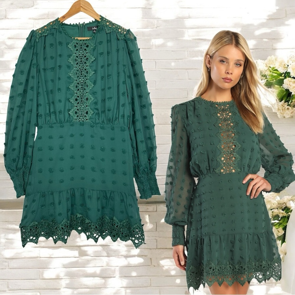 Lulus Lust or Love Sheer Swiss Dot  Lace Long Sleeve Casual Flowy Dress Green L